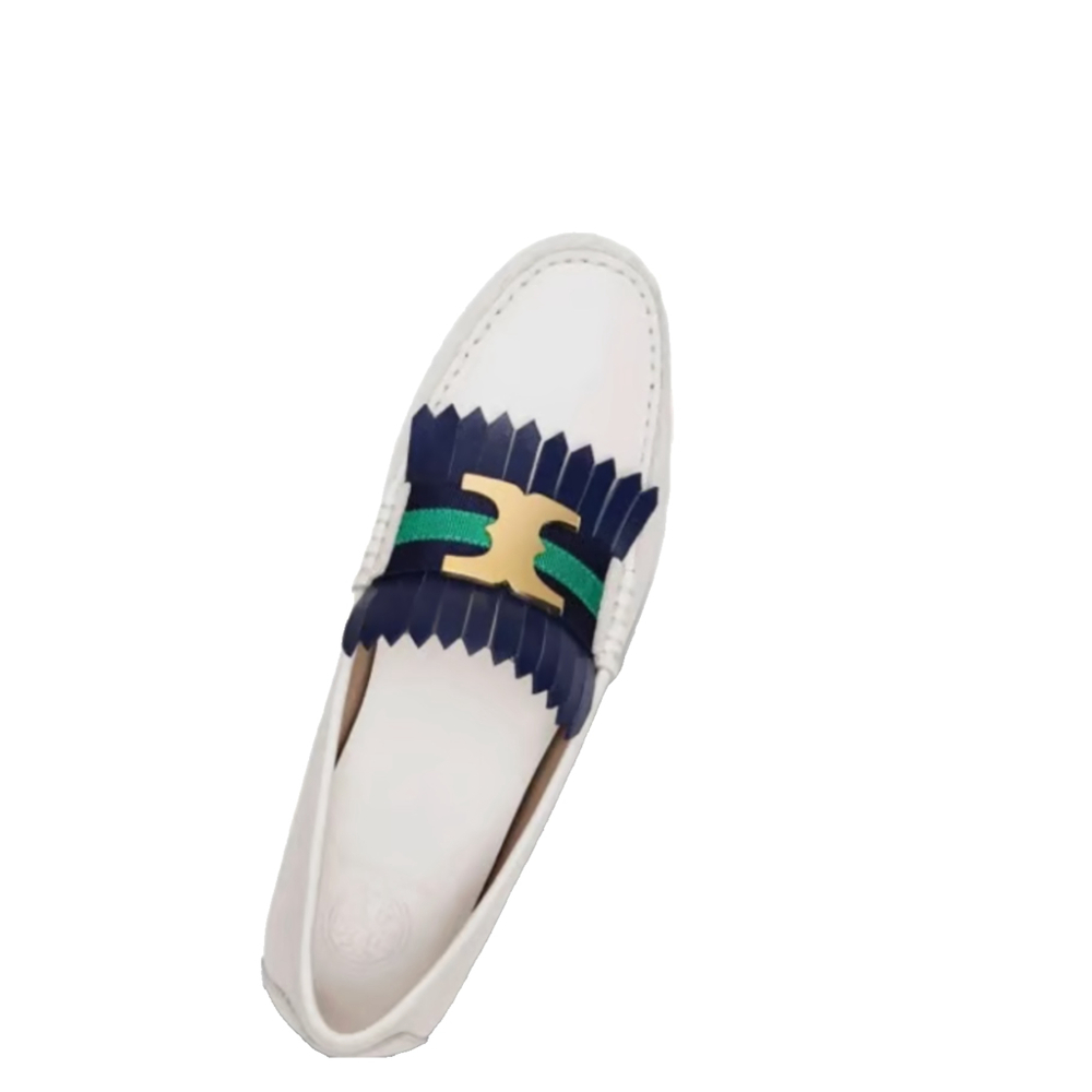 Tory Burch White Leather Loafer with Navy & Green Accents and Gold Logo